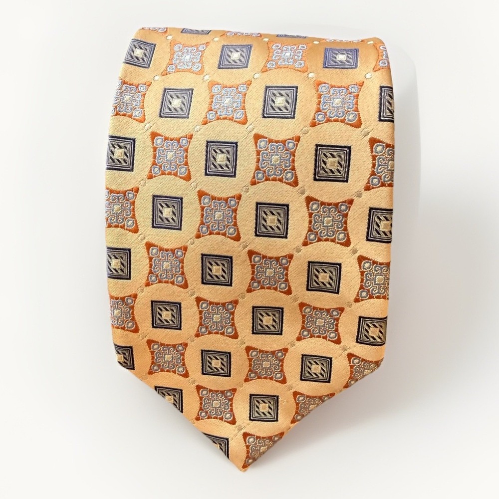 Robert Talbott Tie Mens Orange Silk Geometric Wide Made In USA Jacquard